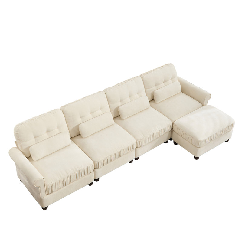 Canapé modulable 4 places avec un pouf et des coussins de soutien lombaire, Beige Chenille