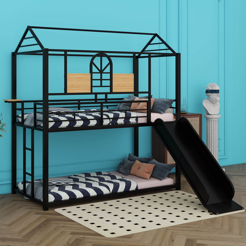Alexsi Twin Over Twin Metal Bunk Bed ,Metal Housebed With Slide, Black, Black