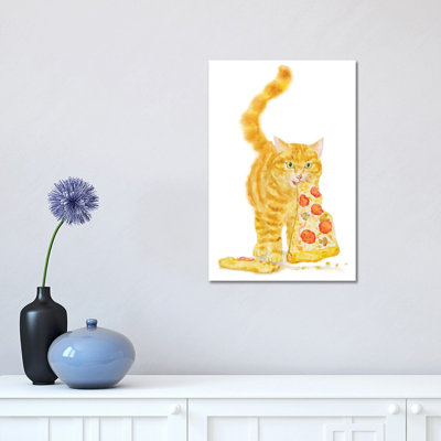 Orange Cat And Pizza by Alexey Dmitrievich Shmyrov - Wrapped Canvas Print