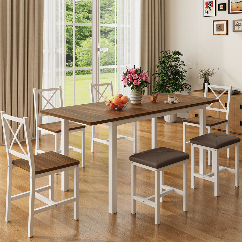 Farmhouse Style 7-Piece Dining Table Set For 4-6 People, 63" Extendable Kitchen Table Set With 4 Dining Chairs And 2 PU Upholstered Stools