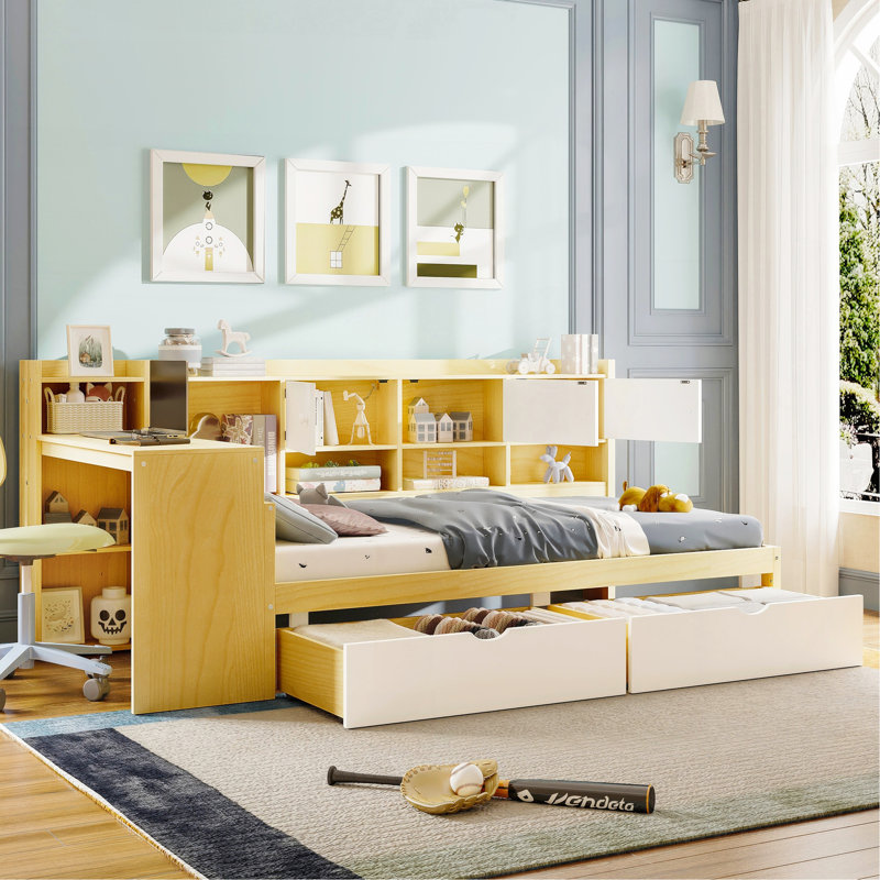 Wooden L-Shape Daybed With Seven Storage Cabinets And Two Storage Drawers, Multi-Functional Bed With Study Desk And Built-In Bookshelf, Natural+White