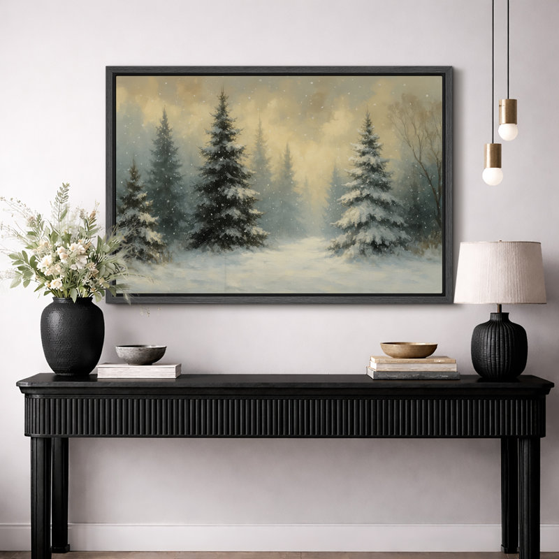 Illustration de forêt enneigée, images d'arbres d'hiver, impression sur toile encadrée, Cadre noir