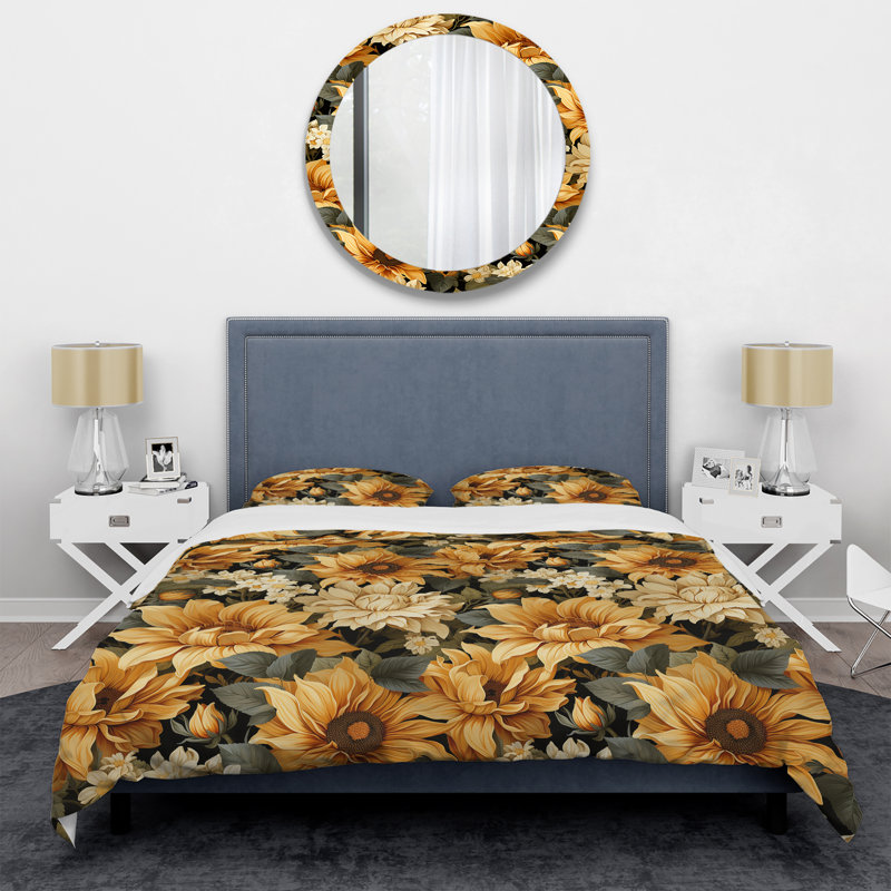 Ensemble de housse de couette à motif de tournesol jaune rustique, Housse de couette pour très grand lit et 2 très