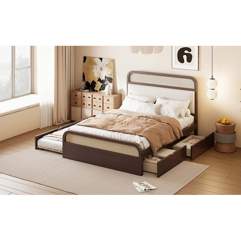 Grand lit plateforme en bois avec lit gigogne et 2 tiroirs, Espresso