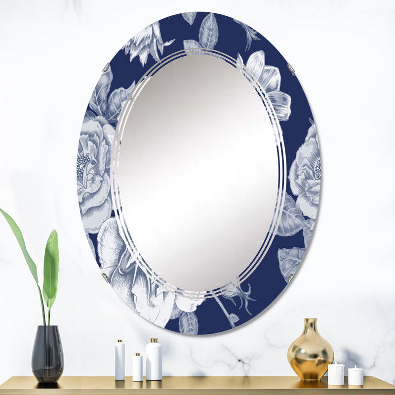 White Vintage Flowers Wall Mirror, Patterned Oval - White Vintage Flowers On Classic Blue I, 36" x 24"