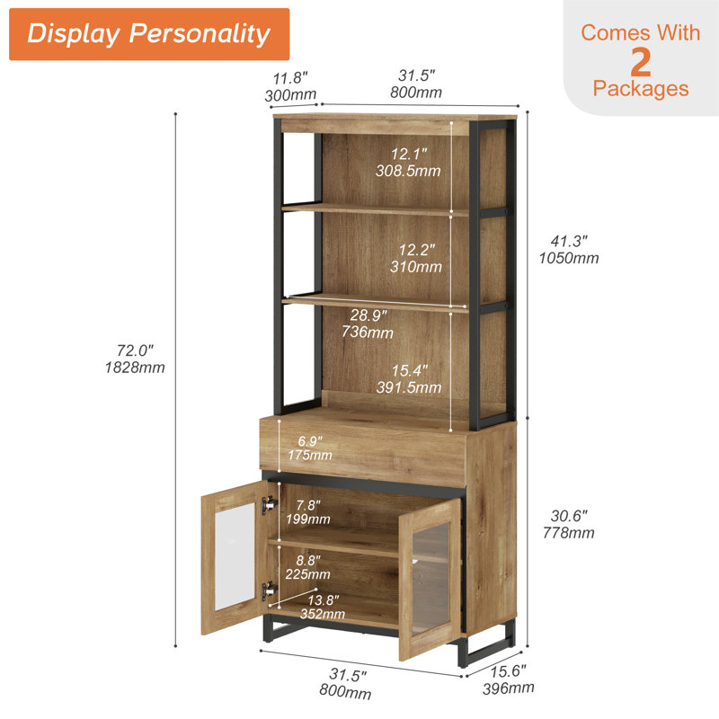Modern 72" Tall Buffet Sideboard With Drawers And Open Shelves, Storage Cabinet And Display Shelves, Wooden Sideboard For Dining Room Or Kitchen