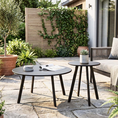 2-Piece Round Nesting Table Set, Modern Metal Frame Side Tables, Space-saving Design for Indoor and Outdoor Spaces