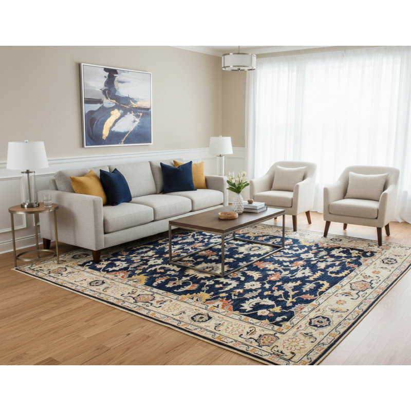 Tapis bleu marine et beige en laine noué à la main de 9 pi x 12 pi à motif de médaillon floral persan traditionnel pour le salon et la chambre à coucher