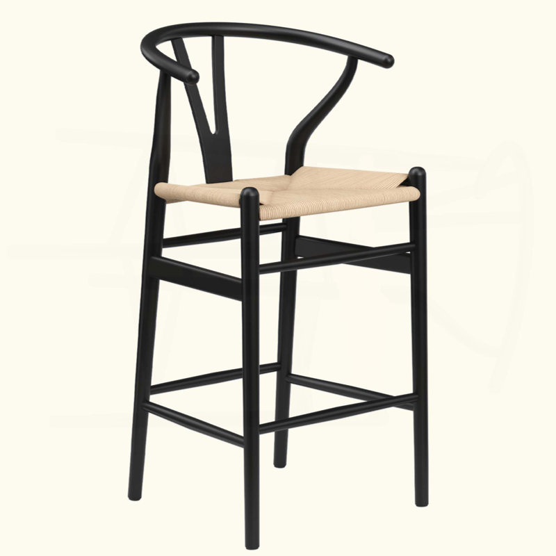 Tabouret de bar Wishbone entièrement assemblé, tabouret de bar à hauteur de comptoir pour îlot de cuisine, Beige, Noir