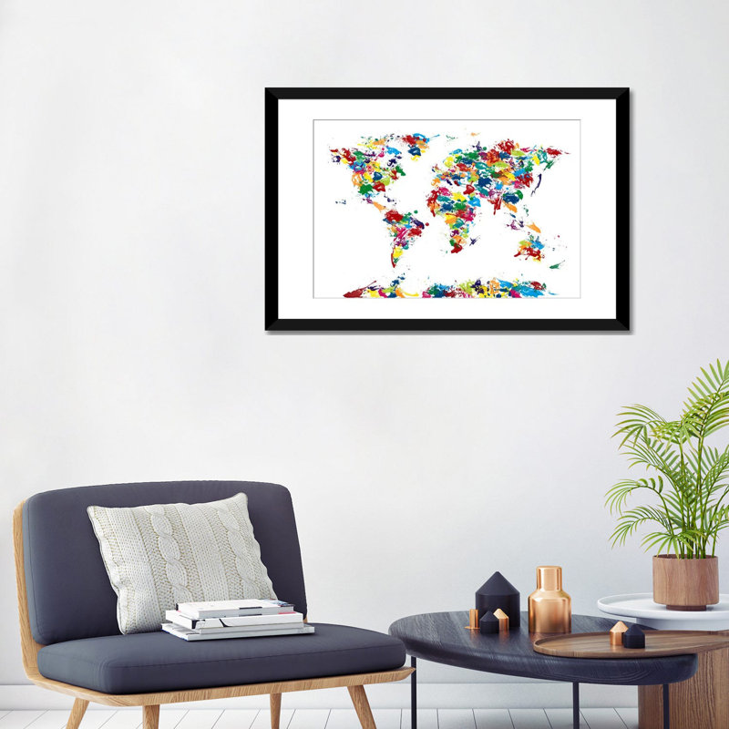 «World Map Paint Drops», impression sur toile, H 16 po x l 24 po x P 1 po, Papier d'art encadré noir, Blanc