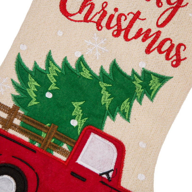 Chaussette de Noël en lin brodé 21 po L - Camion rouge