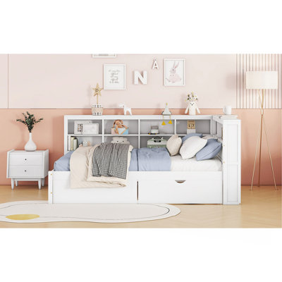 Lit de jour double en bois avec 2 tiroirs, lit de jour avec tablette de rangement et ports de chargement USB