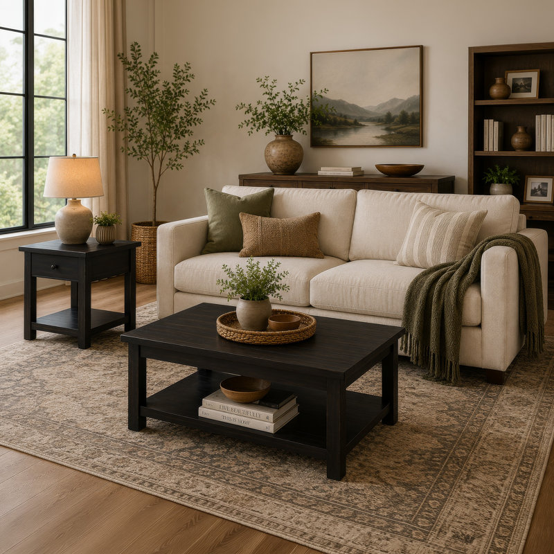 Ayne 2Pc Coffee and End Table Set, Lower Shelf, Distressed Black Wood