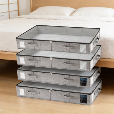 Ensemble de 4 contenants de rangement sous le lit avec fenêtres transparentes | Bacs de rangement pliables et empilables | Grande capacité de 60 L pour couvertures, vêtements, chaussures et articles saisonniers