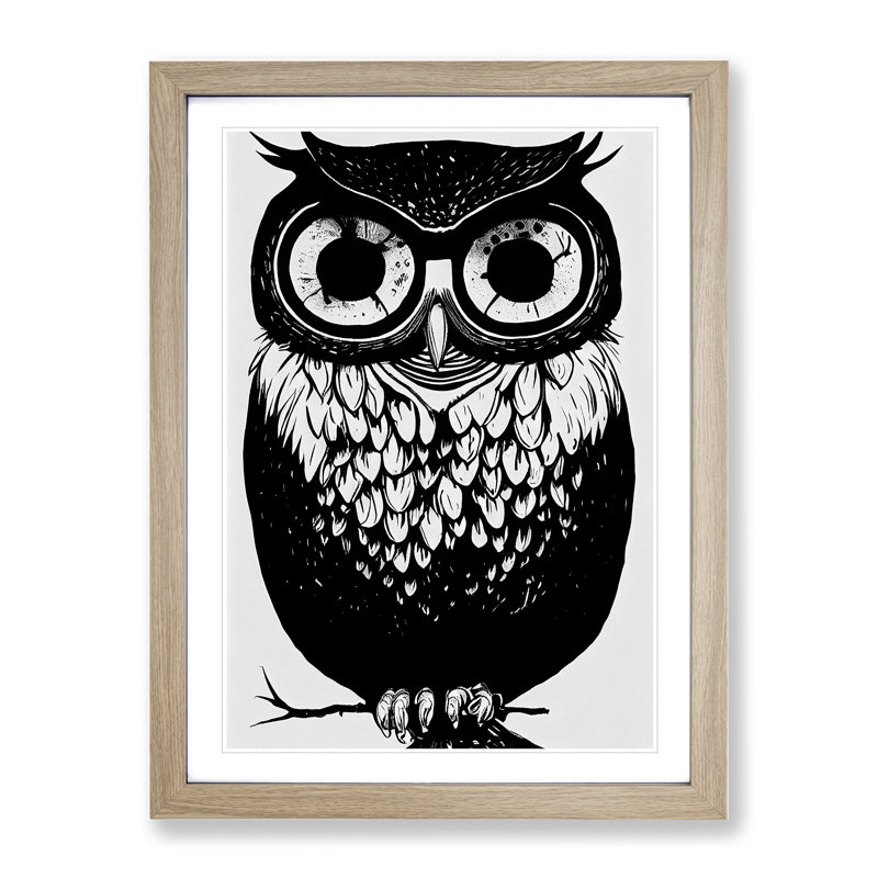 Owl Monochrome No.3 - Framed Print, 64cm H x 46cm W x 2cm D, Oak