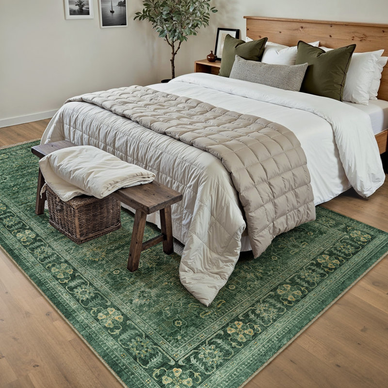 Ladonya Vintage Washable Green Area Rug wuth Non-Slip Backing, Rectangle 5' x 7'