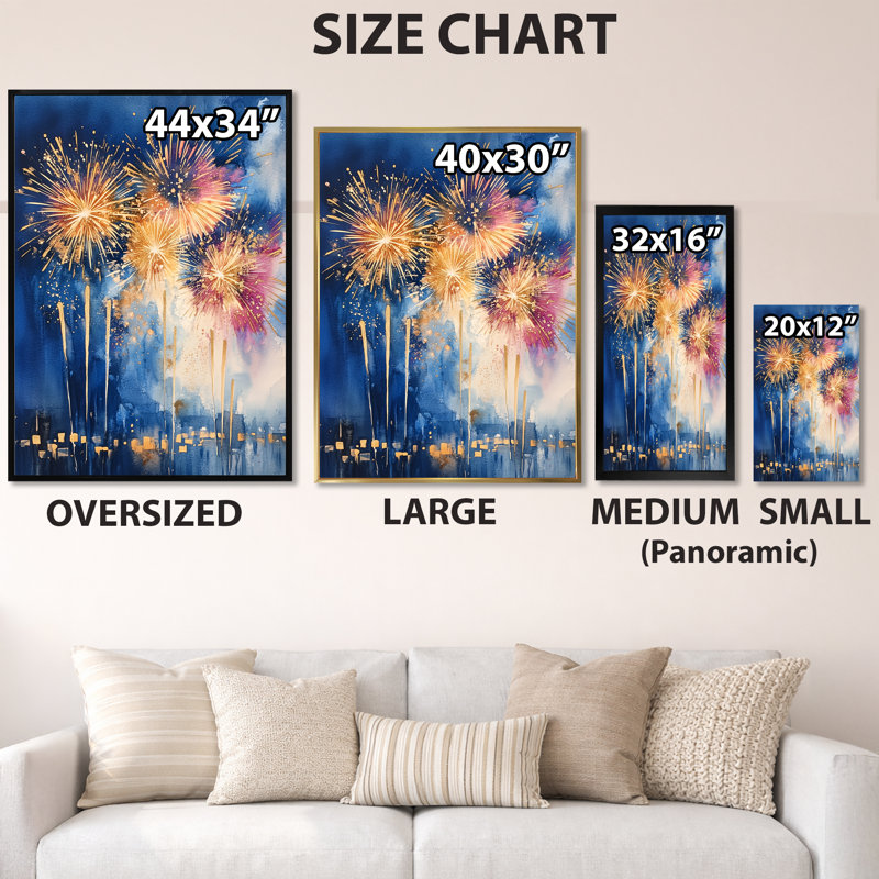 Feux d'artifice pour le Nouvel An - Tableau encadré bleu de saison, 40" H x 30" W, Black Picture Framed