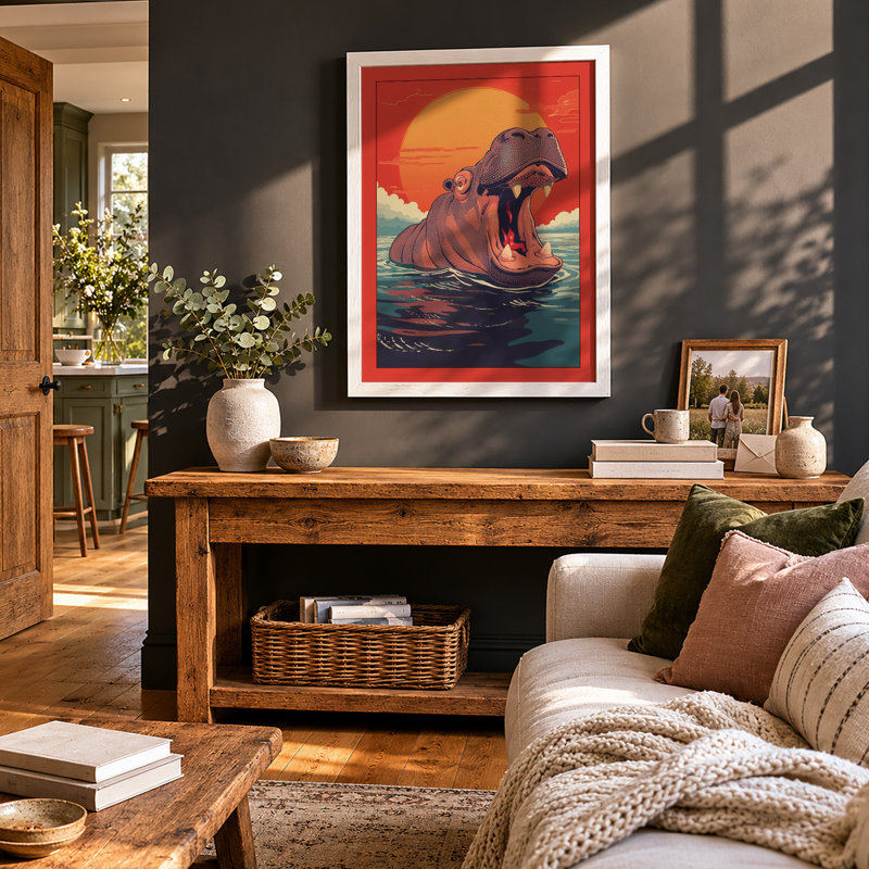 Hippopotamus Rising Retro - Framed Print, A4 - 29.7 x 21.0 cm, White