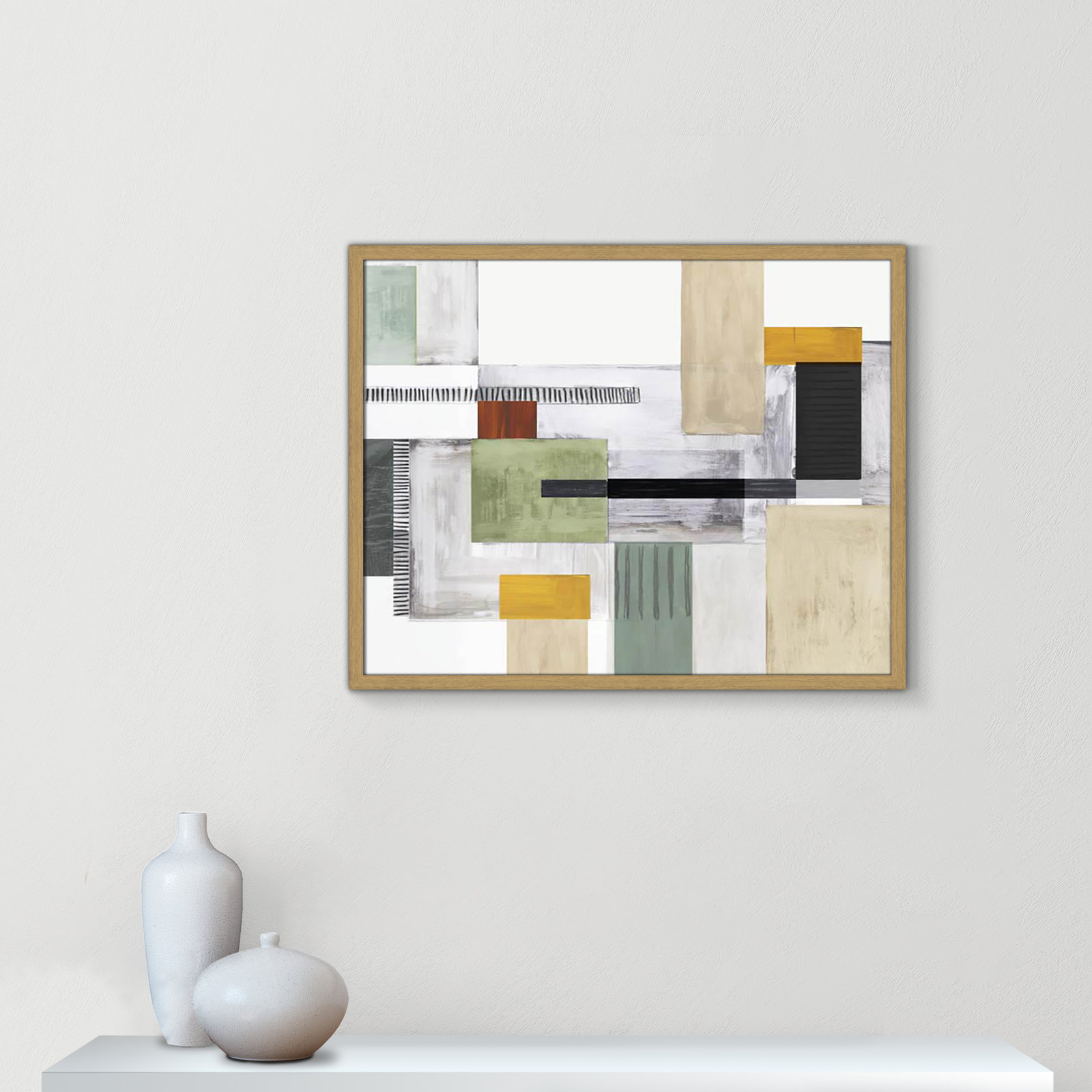 Playful Blocks Print by Tom Reeves, 23.5" H x 29.5" W x 0.75" D, Natural Slim Picture Framed, No Mat