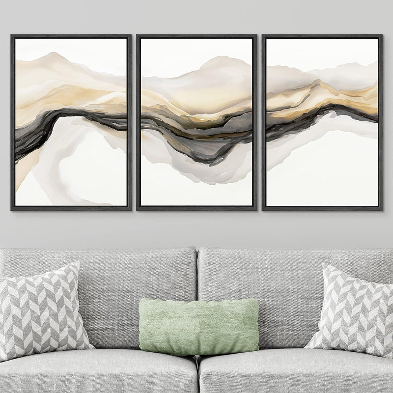 «Smoke Effect», or gris, vague de fumée, paysage, formes abstraites, illustrations encadrées sur toile, 3 pièces, Cadre noir