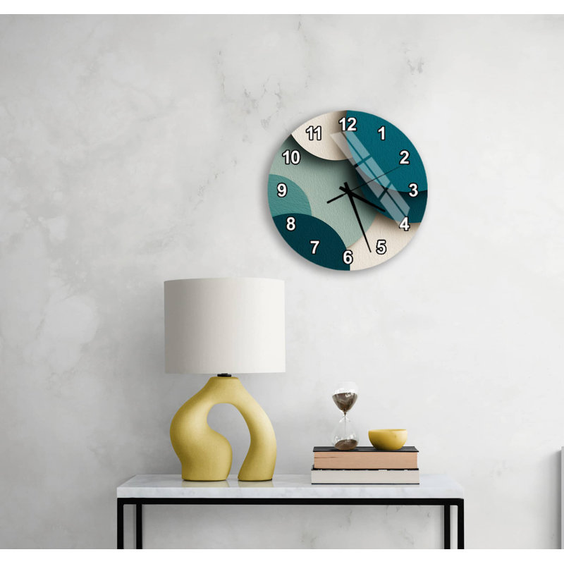 Horloge murale abstraite en verre trempé, décor d'art moderne beige sarcelle, grande montre minimaliste silencieuse pour le bureau, idée de cadeau unique de pendaison de crémaillère
