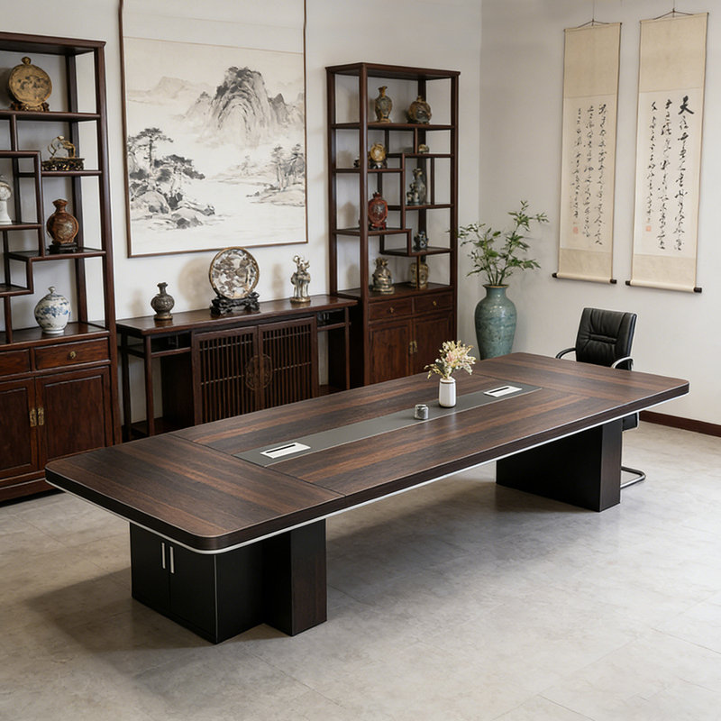 Table de conférence minimaliste avec armoire de rangement, H 29,52 po x L 78,74 po x l 39,37 po, Brun