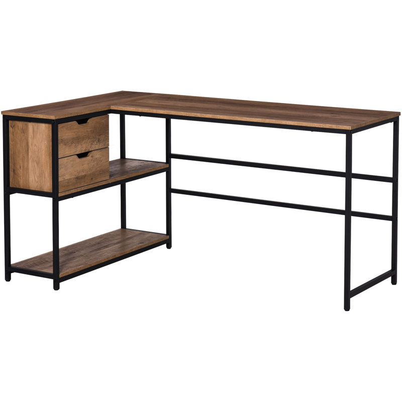 Bureau de bureau en L avec compartiments de rangement polyvalents - 2 tiroirs, cadre en acier brun et noir pour un rangement personnalisé, tiroirs et élégance industrielle noir / brun