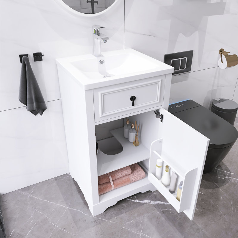 Petit meuble-lavabo autoportant moderne 20 "avec lavabo en céramique, Blanc, Noir