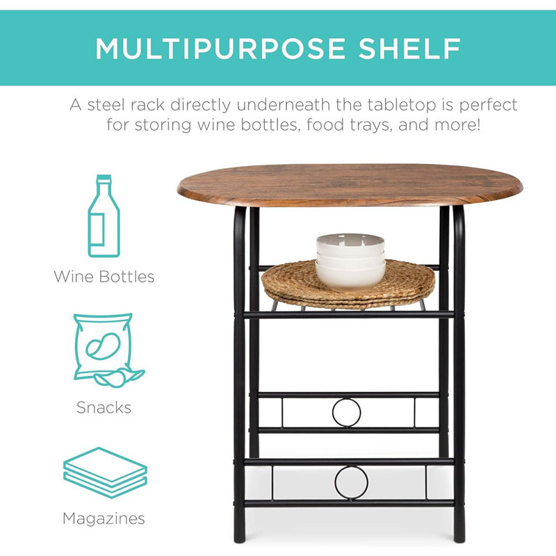 Ensemble de table ronde et de chaises en bois 3 pièces pour la cuisine, la salle à manger, l'espace compact avec cadre en acier, support à vin intégré