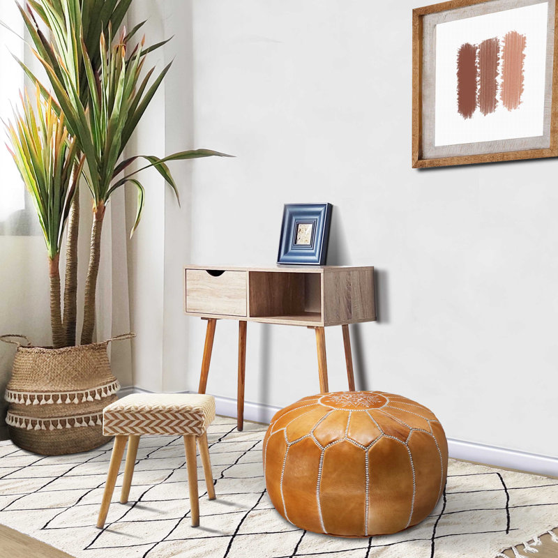 Leather Pouf, Light Brown Genuine Leather