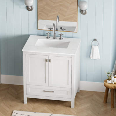 Meuble-lavabo autoportant de 30 po avec lavabo, comptoir en marbre d'ingénierie Carrara avec lavabo rectangulaire encastré en céramique, grande porte de rangement à fermeture en douceur, structure en bois massif