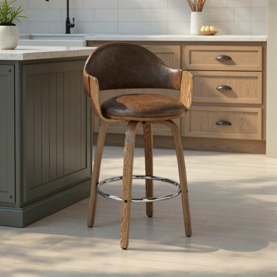 Corso Mid-Century Swivel Bar & Counter Stool With Curved Back, Upholstered Seat, And Wood Frame