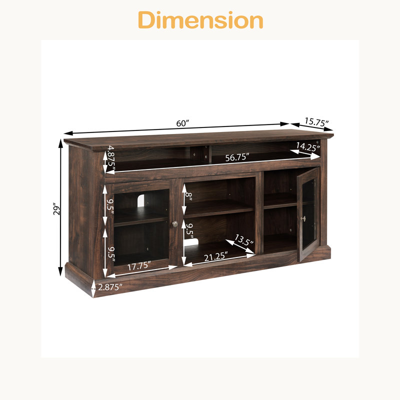 Meuble télé contemporain pour meuble télé de 65 po ou moins avec espace de rangement ouvert et fermé, l 60 po x P 15,75 po x H 29 po