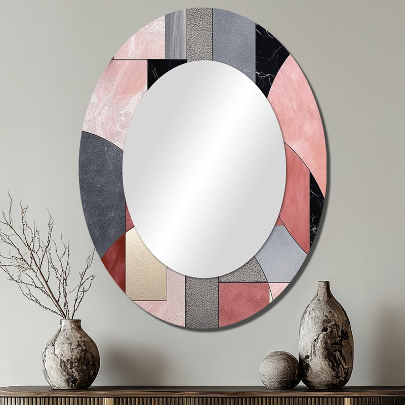 Pink Transcendent Angles II - Miroir décoratif ovale abstrait sur métal, 40 po x 30 po