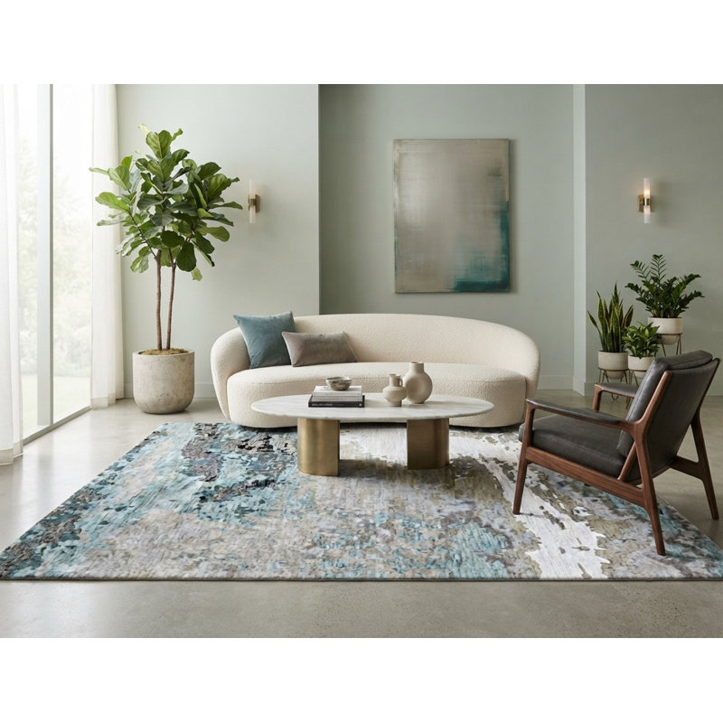 Tapis en laine et viscose abstraits faits à la main brun clair / bleu 17 Stories, Rectangle 7 pi 6 po x 9 pi 6 po