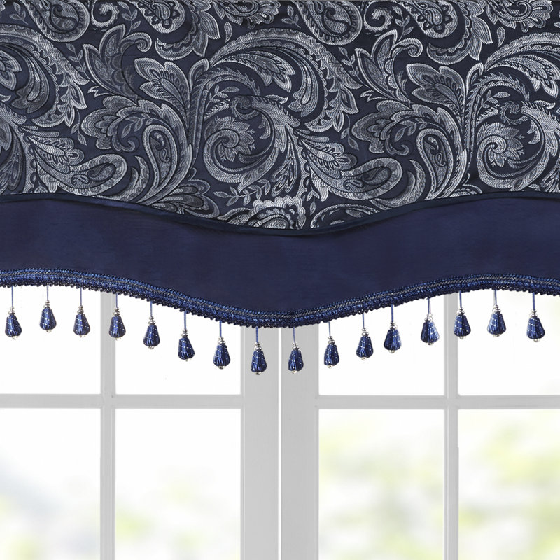 Navy Faux Silk Jacquard Beaded Window Valance