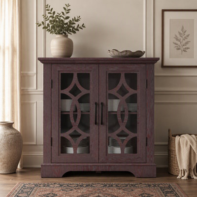 Buffet spacieux de 34,37 po x 15,55 po x 34,06 po à 2 portes en verre trempé transparent avec tablette réglable, panneau de fibres à densité moyenne et stratifié décoratif rouge foncé pour la salle à manger, la cuisine et le salon