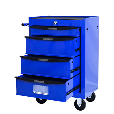 20" 4 Steel Tool Storage Box With Bearing Drawer Slides, Black & Blue Color, 4 Universal Wheels For Smooth Movement, Locking System Item Preservation Rolling Metal Chest Cabinet 15Kg Loading
