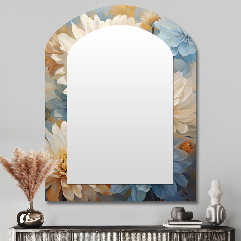 Minimalisme Blooming Mums, peinture en beige et bleu discret IV - grand miroir en forme d'arche de maman, miroir décoratif décoratif asymétrique traditionnel