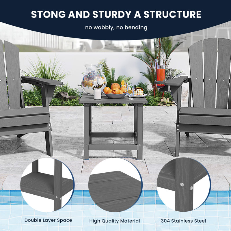 Adirondack Outdoor Side Table, All Weather Use Double Layer Patio Side Table, HIPS Rectangular End Table, Gray
