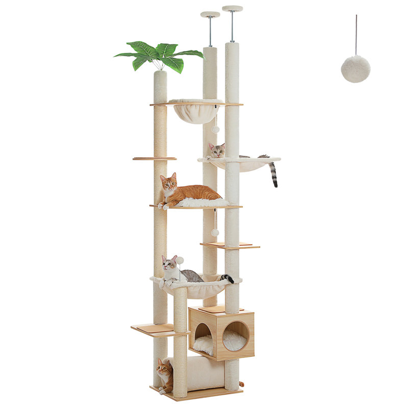Du sol au plafond, arbre à chat, hauteur de 93,3 po à 100,8 po, tour de chat en bois à hauteur ajustable avec poteaux à griffer, condo confortable, perchoirs et grand hamac pour chats d'intérieur