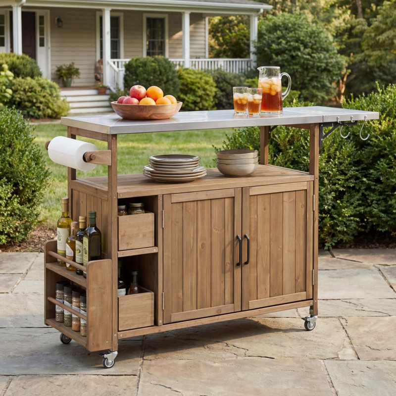 54.33" Farmhouse Rolling Outdoor Kitchen Cart, Natural