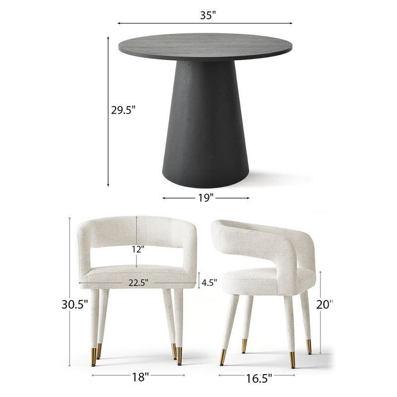 Modern 35" Black Round Dining Set For 2 With Chenille Arm Dining Chairs, Beige