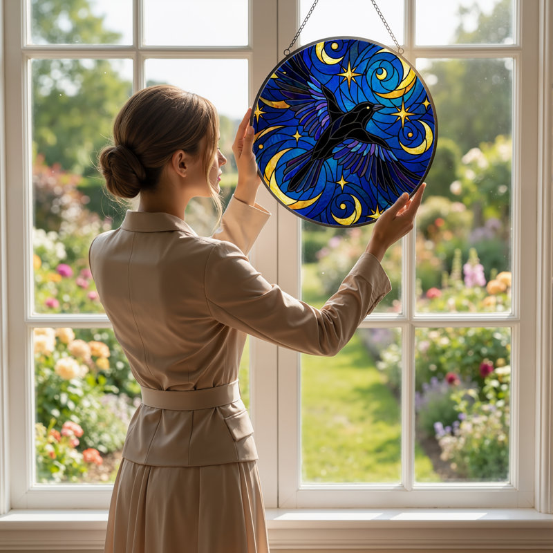 7.8"H Night Sky Stained Glass Window Panel, 7.8" H x 7.8" W