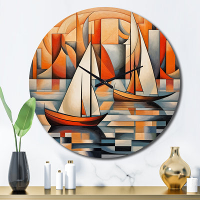 Abstract Sailboats At Sunset Cubist Minimalism IV Metal Wall Clock
