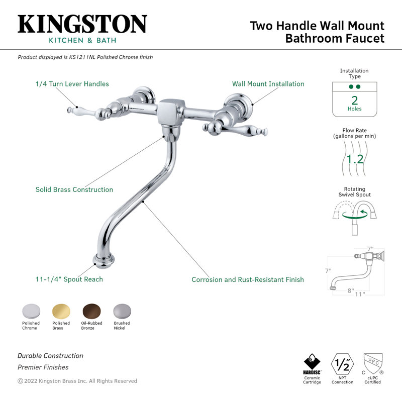 Kingston Brass Heritage Two-Handle 2-Hole Wall Mount Bathroom Faucet, Oil Rubbed Bronze