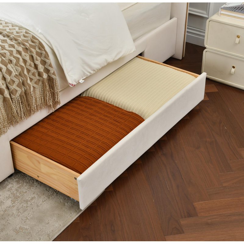 Upholstered Bed with 2 Large Wooden Storage Drawers, White, King
