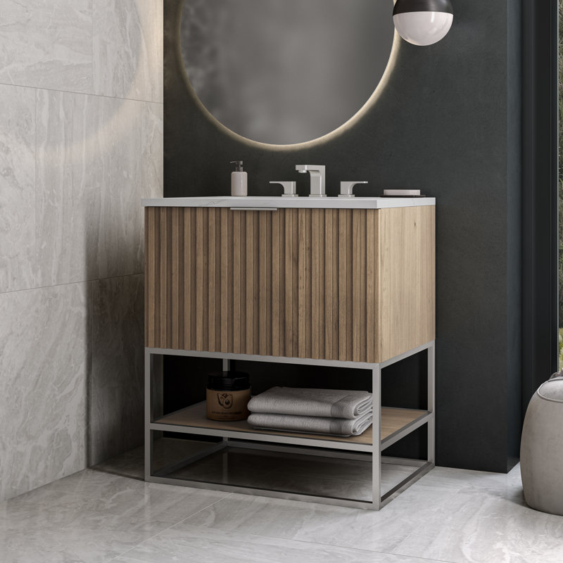Terra 30'' W Single Vanity, Walnut, Brushed Nickel, Calacatta Quartz/Widespread Faucet Mount