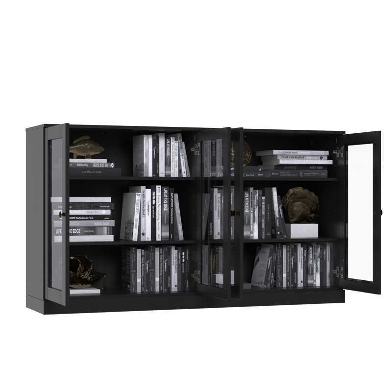 Buffet 100% bois massif 64 "avec portes en verre transparent et tablettes réglables, Noir mat
