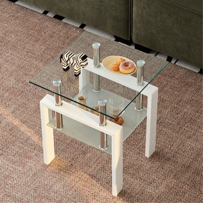 Table d'appoint en verre trempé transparent, 2 espaces de rangement pour un salon confortable, un incontournable